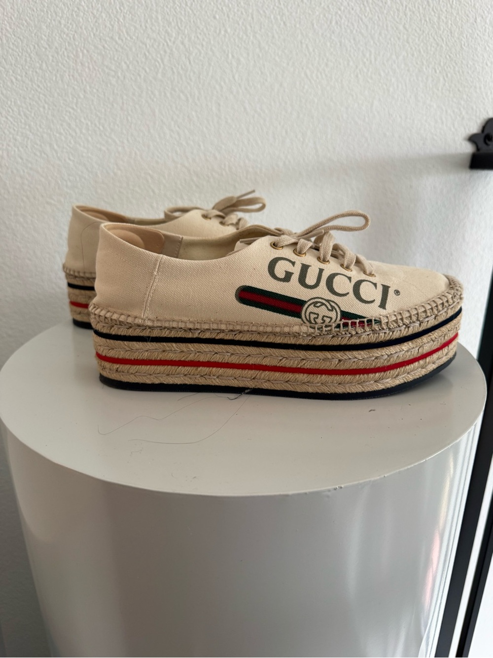 Gucci Beige Canvas Platform Espadrille Sneakers with Red and Green Stripe